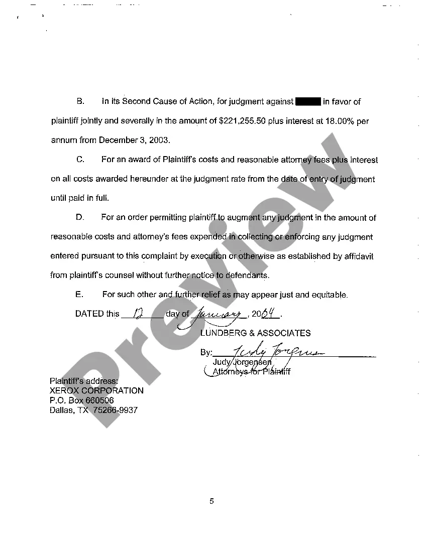 Preview A01 Complaint - Breach of Lease, Personal Guaranty, Unjust Enrichment regarding office equipment