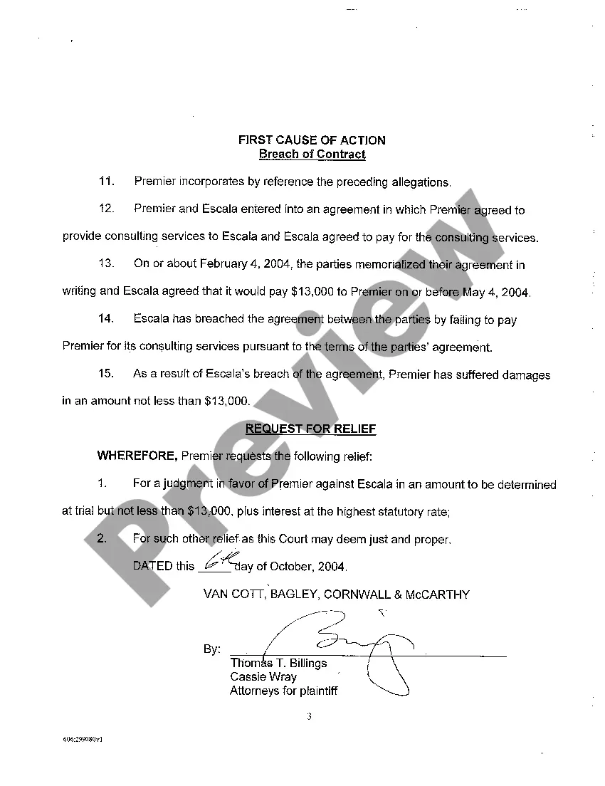 Get A01 Complaint - Breach of Service Contract regarding Consulting Preview A01 Complaint - Breach of Service Contract regarding Consulting