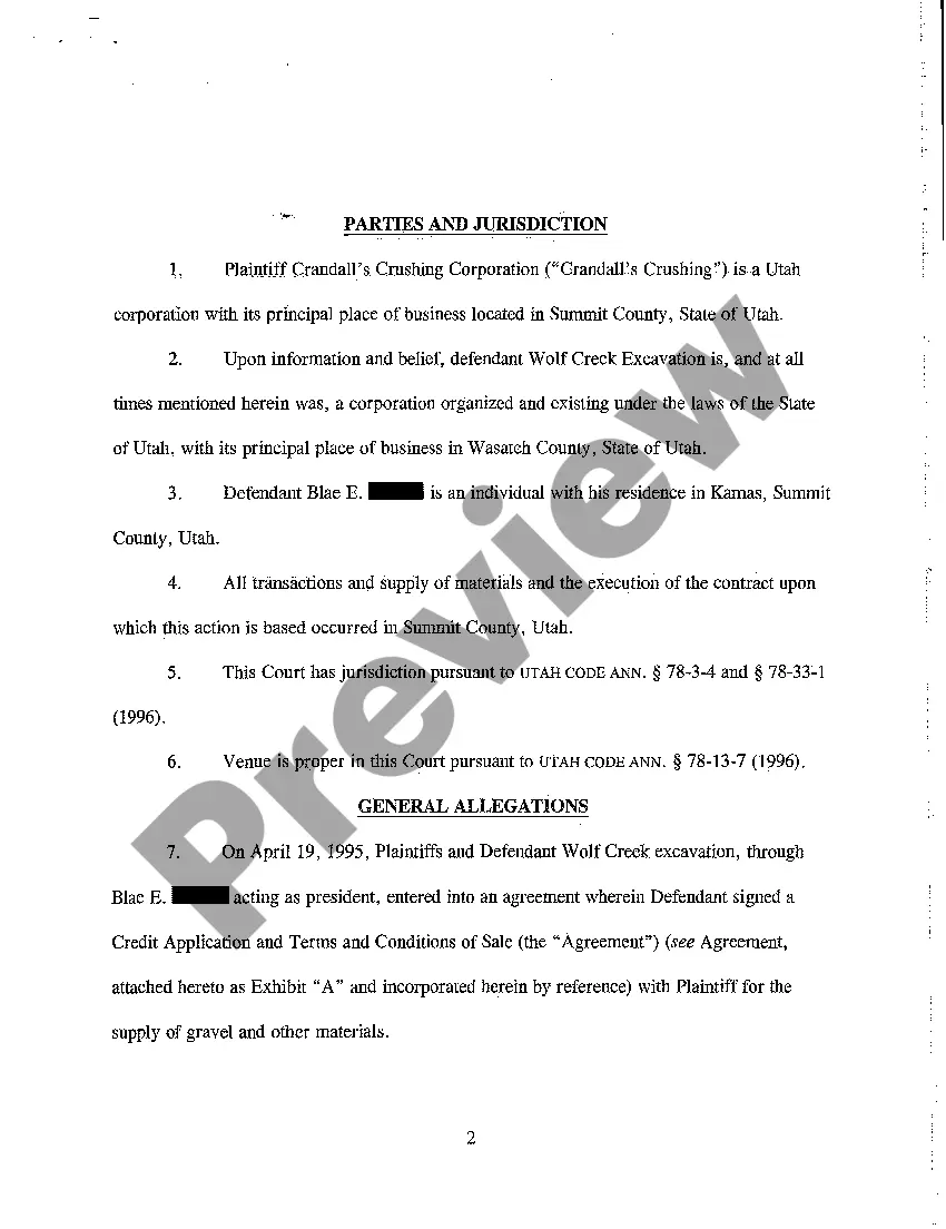 Preview A01 Complaint - Breach of Contract for Sale of Gravel, of Personal Guarantee, and of Covenant of Good Faith and Fair Dealing
