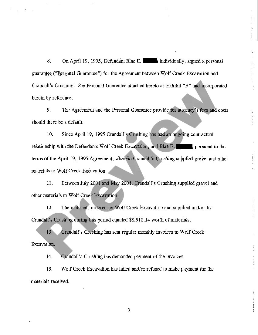 Preview A01 Complaint - Breach of Contract for Sale of Gravel, of Personal Guarantee, and of Covenant of Good Faith and Fair Dealing