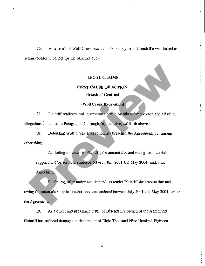 Preview A01 Complaint - Breach of Contract for Sale of Gravel, of Personal Guarantee, and of Covenant of Good Faith and Fair Dealing