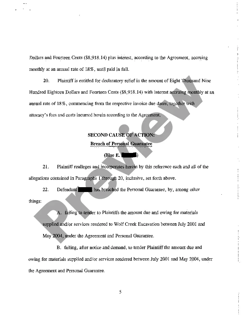 Preview A01 Complaint - Breach of Contract for Sale of Gravel, of Personal Guarantee, and of Covenant of Good Faith and Fair Dealing