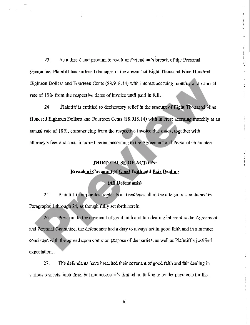 Preview A01 Complaint - Breach of Contract for Sale of Gravel, of Personal Guarantee, and of Covenant of Good Faith and Fair Dealing