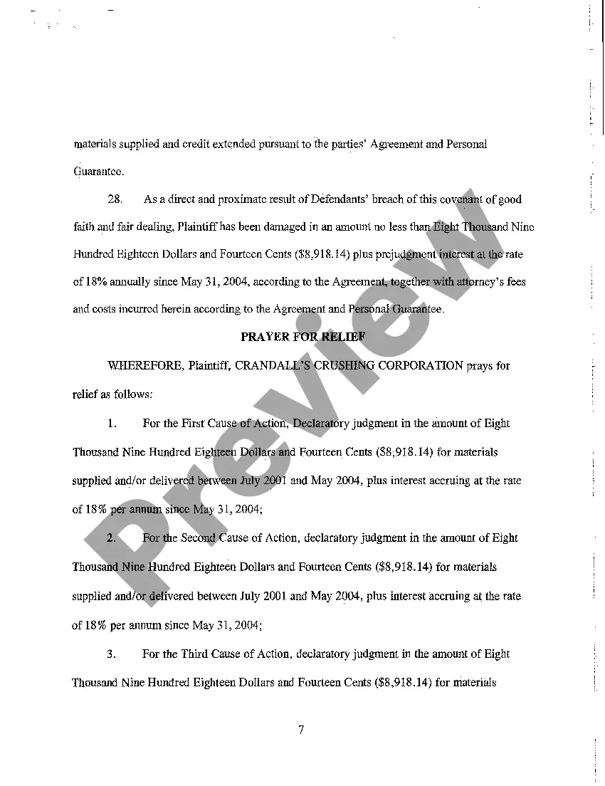 Preview A01 Complaint - Breach of Contract for Sale of Gravel, of Personal Guarantee, and of Covenant of Good Faith and Fair Dealing
