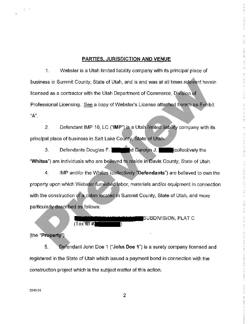 Preview A01 Complaint - Unjust Enrichment, Failure to Obtain Payment Bond, Foreclosure of Liens