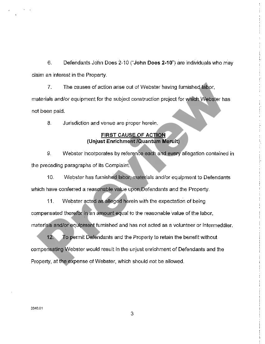 Preview A01 Complaint - Unjust Enrichment, Failure to Obtain Payment Bond, Foreclosure of Liens