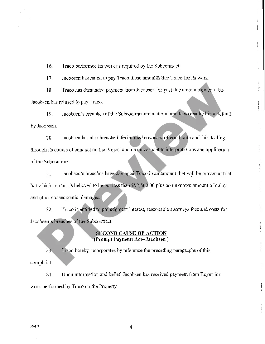 Get A01 Complaint - Breach of Contract, Prompt Payment Act, Unjust Enrichment, Foreclosure of Mechanic's Lien, Failure to Obtain Payment Bond Preview A01 Complaint - Breach of Contract, Prompt Payment Act, Unjust Enrichment, Foreclosure of Mechanic's Lien, Failure to Obtain Payment Bond