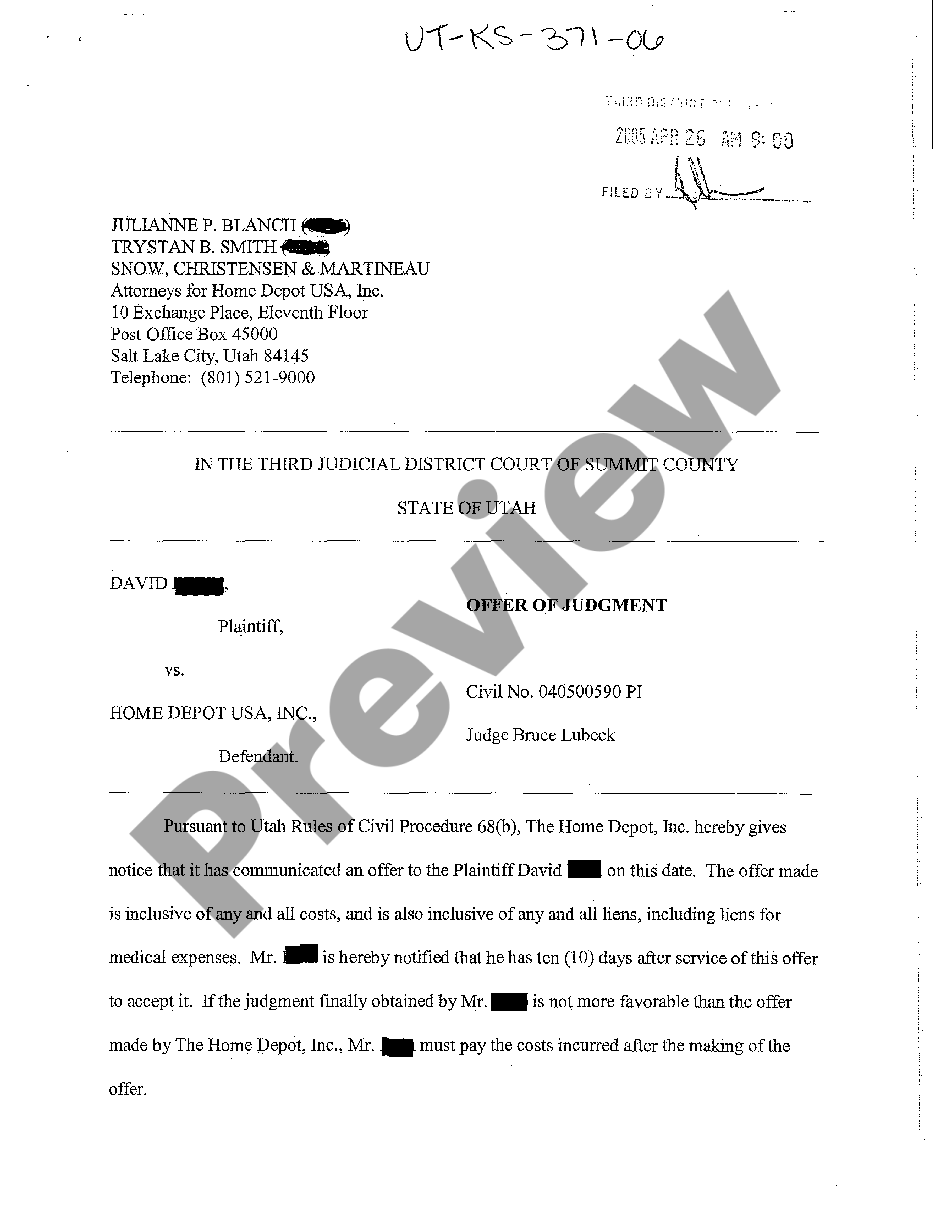 Provo Utah Offer of Judgment by Defendant | US Legal Forms