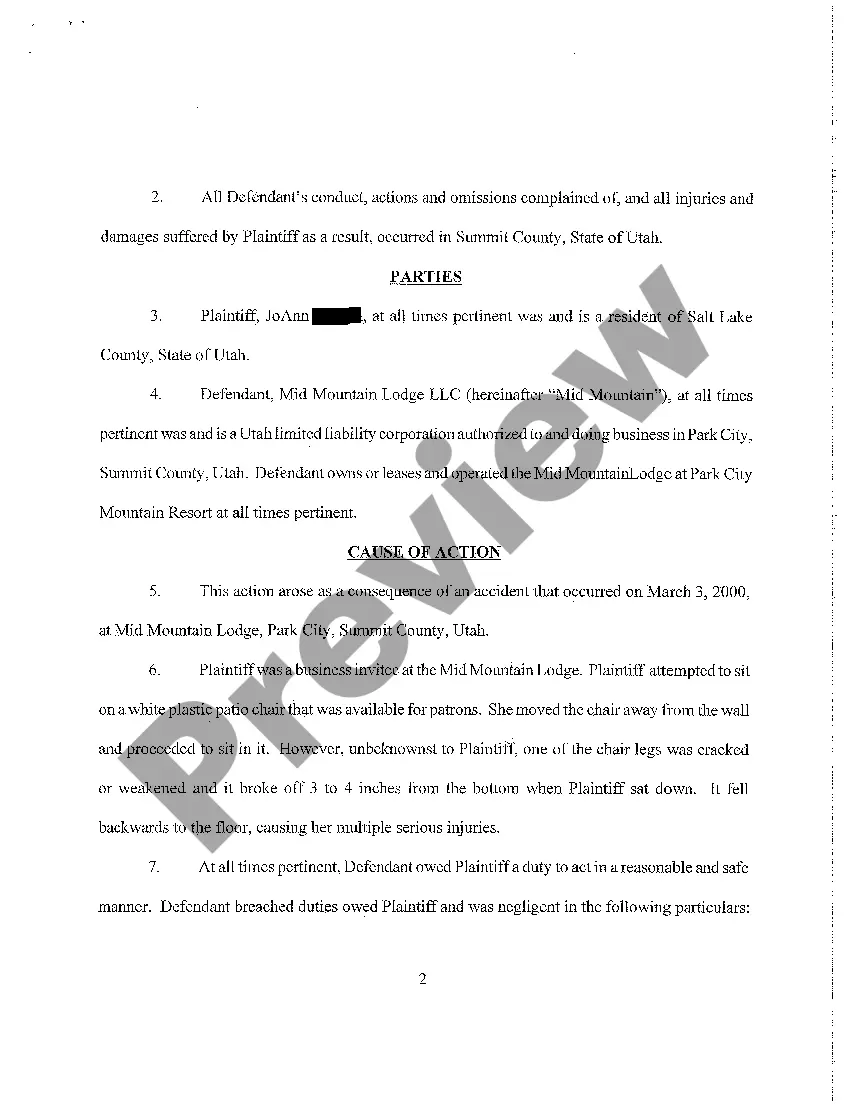 Get A01 Complaint - Injuries from Broken Chair, Negligence of Lodge to Make Premises Safe Preview A01 Complaint - Injuries from Broken Chair, Negligence of Lodge to Make Premises Safe