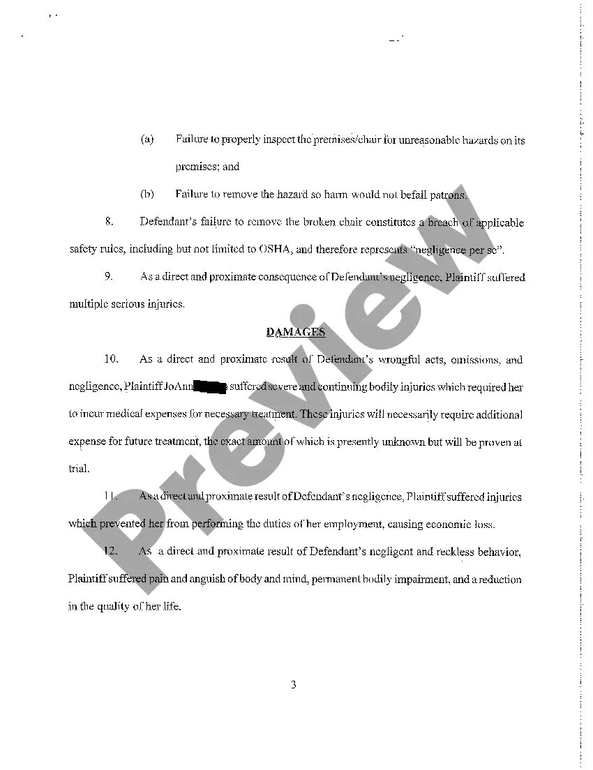 Get A01 Complaint - Injuries from Broken Chair, Negligence of Lodge to Make Premises Safe Preview A01 Complaint - Injuries from Broken Chair, Negligence of Lodge to Make Premises Safe