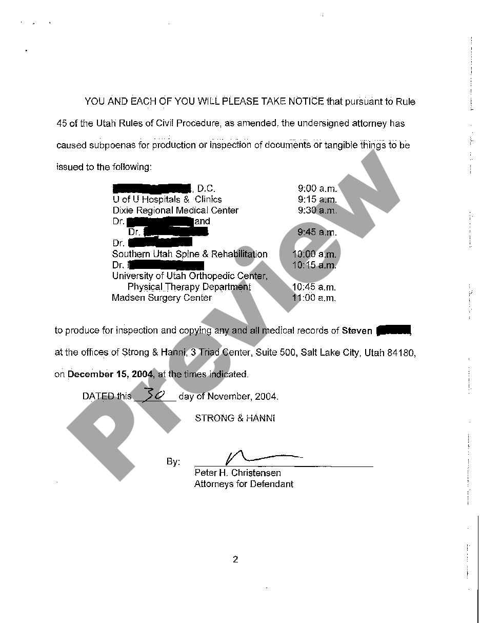 Salt Lake Utah Notice of Records Depositions | US Legal Forms