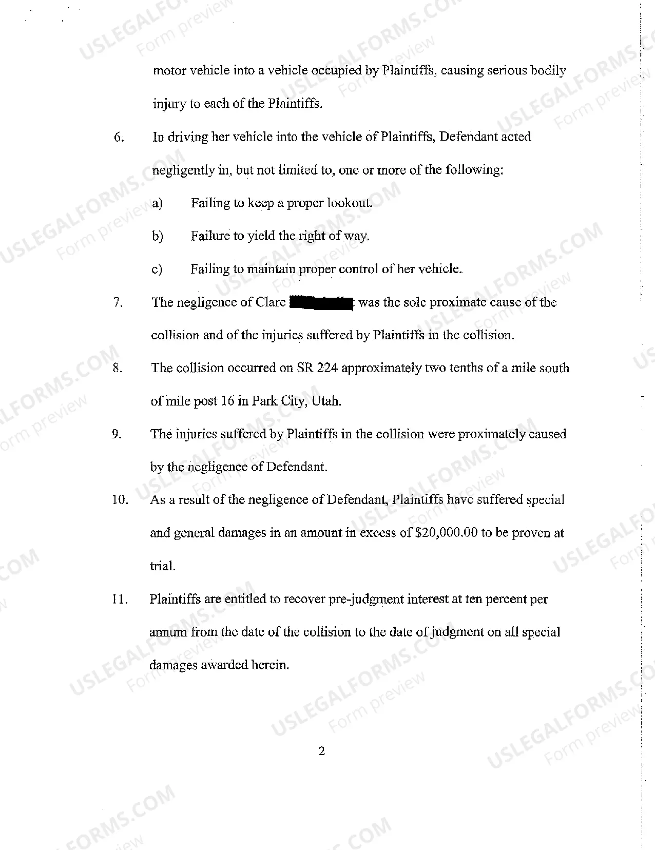 Preview A01 Complaint - Negligent Operation of Motor Vehicle Resulting in Personal Injury