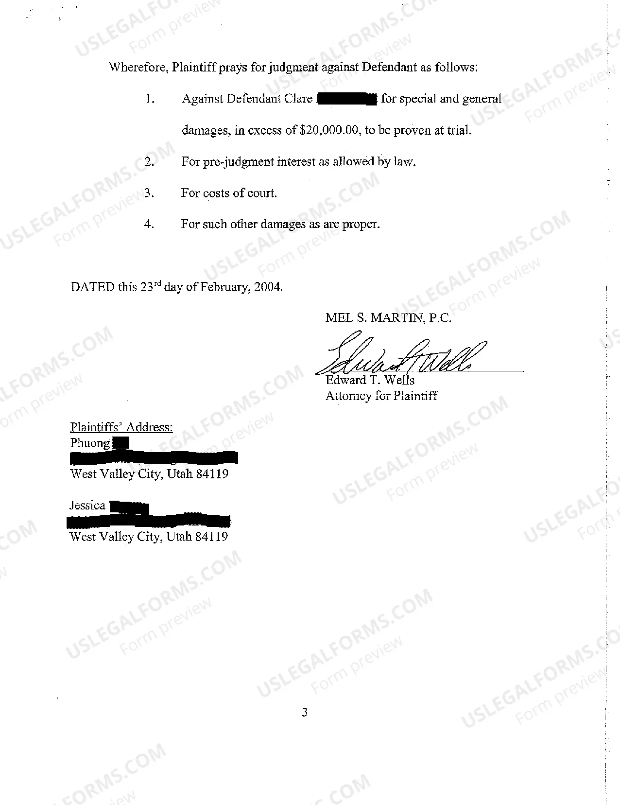 Preview A01 Complaint - Negligent Operation of Motor Vehicle Resulting in Personal Injury