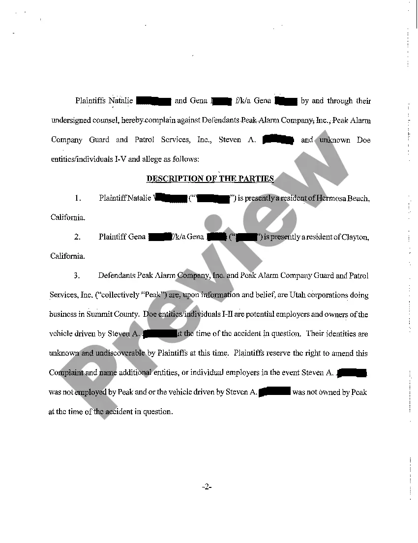 Preview A01 Complaint - Rear-End Collision, Negligent Operation of Motor Vehicle Resulting in Personal Injury