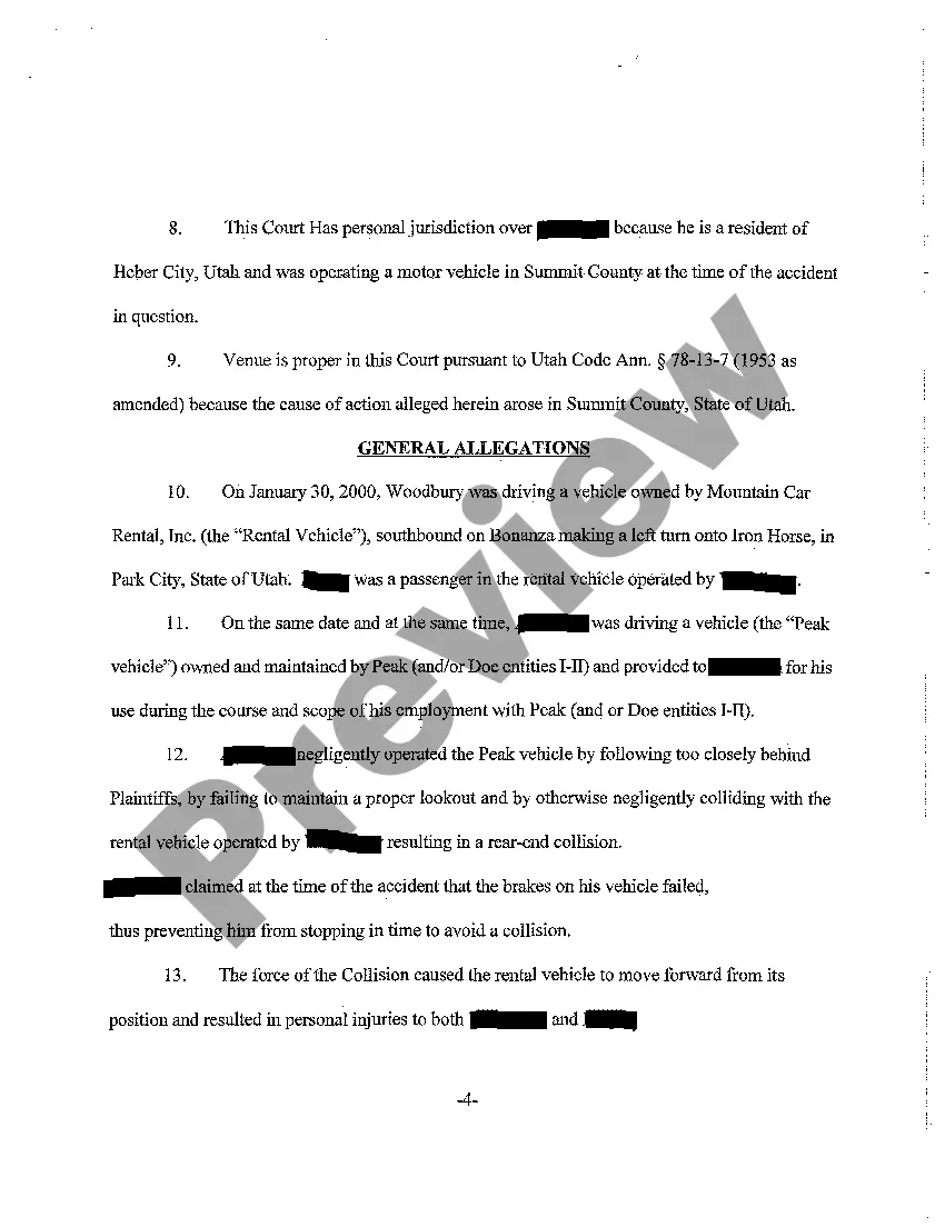 Preview A01 Complaint - Rear-End Collision, Negligent Operation of Motor Vehicle Resulting in Personal Injury