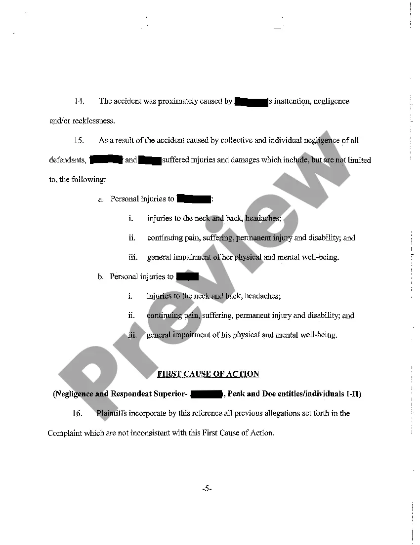 Preview A01 Complaint - Rear-End Collision, Negligent Operation of Motor Vehicle Resulting in Personal Injury