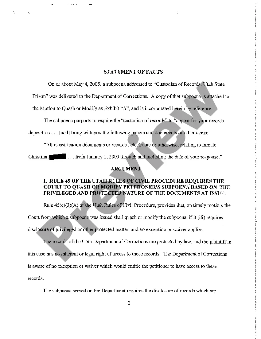 Preview A06 Memorandum in Support of Motion to Quash or Modify Subpoena