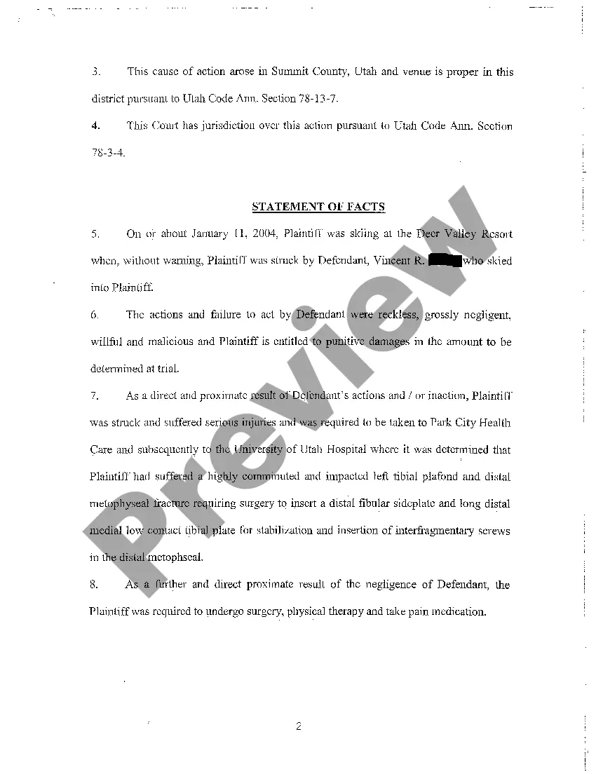 Preview A01 Complaint regarding Injuries sustained in skiing collision