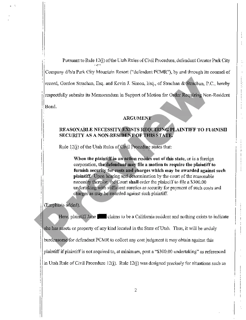 Get A04 Memorandum in Support of Motion for Order Requiring Nonresident Bond Preview A04 Memorandum in Support of Motion for Order Requiring Nonresident Bond