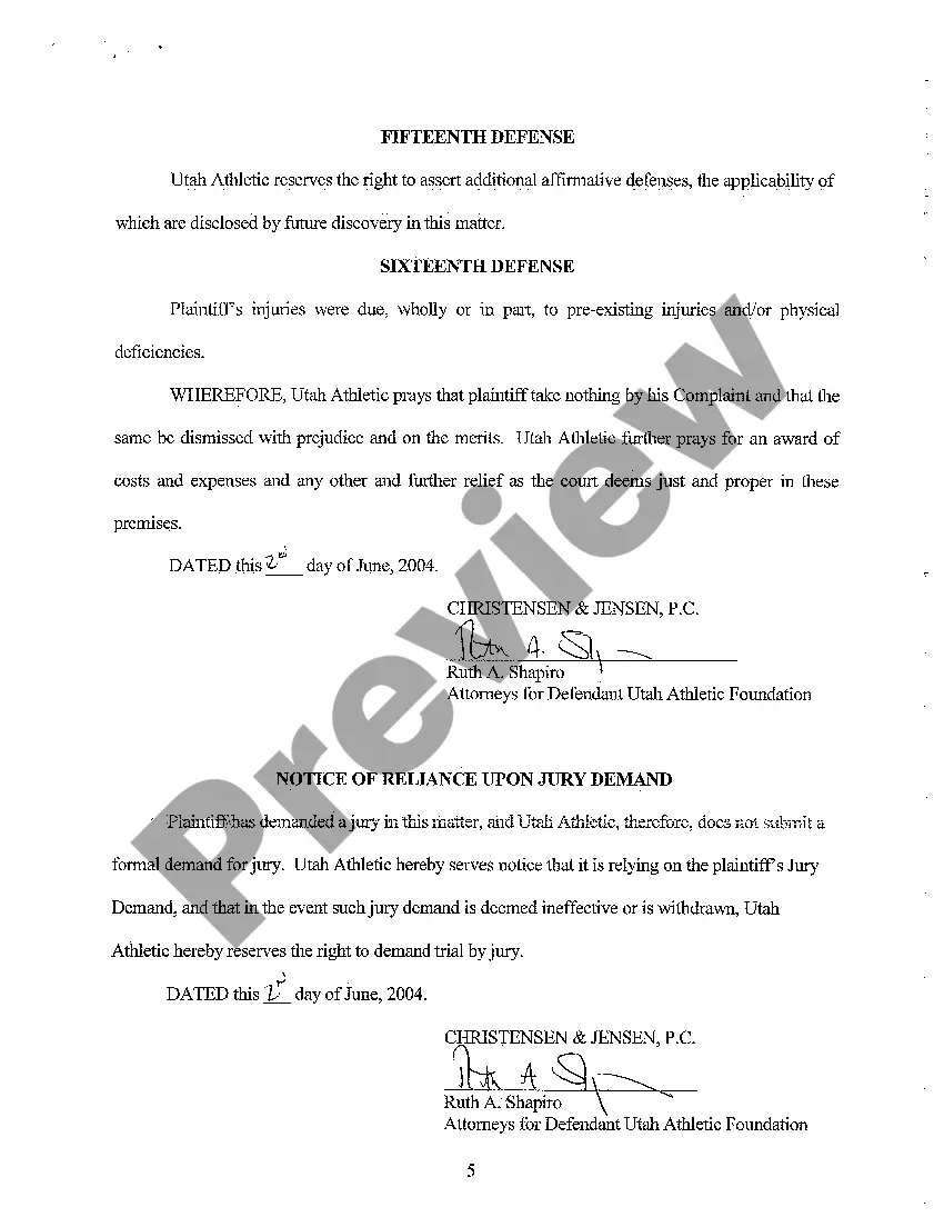 Preview A01 Answer of Utah Athletic Foundation and Reliance Upon Jury Demand
