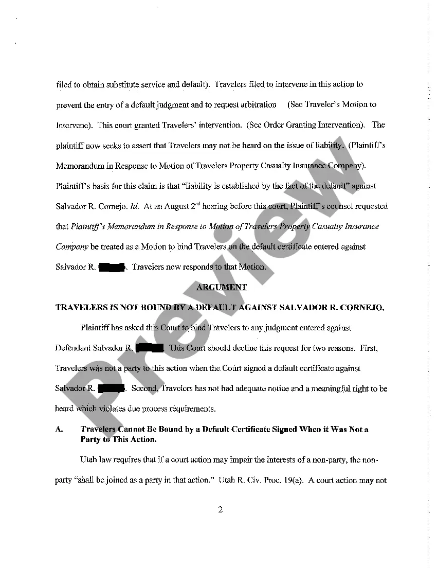 Preview A06 Memorandum in Opposition to Plaintiff's Motion to Bind Travelers To Default Alternative Motion to Set Aside Default