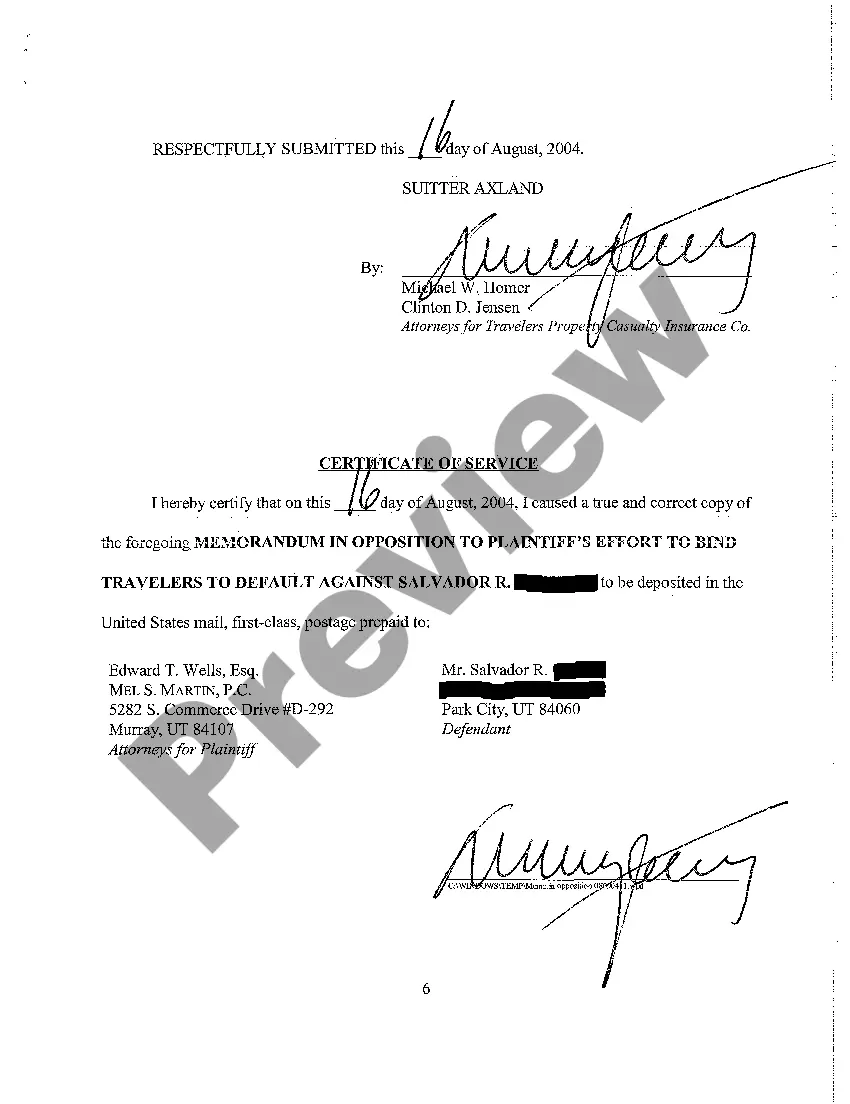 Preview A06 Memorandum in Opposition to Plaintiff's Motion to Bind Travelers To Default Alternative Motion to Set Aside Default