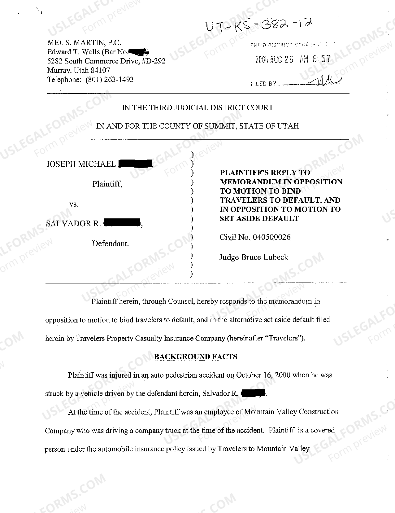 Provo Utah Plaintiff's Reply to Memorandum in Opposition to Motion to Bind Travelers to Default, and in Opposition to Motion to Set Aside Default | US Legal Forms