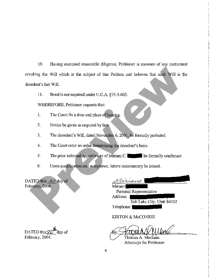 Preview A06 Petition for Formal Probate of will Dated May 27, 2000 and Affirmed November 6, 2001