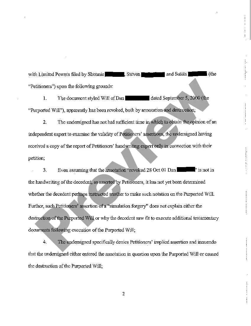 Preview A07 Objection to Verified Petition for Formal Probate of Will, Removal of Personal Representative, Formal Appointment of Personal Representative
