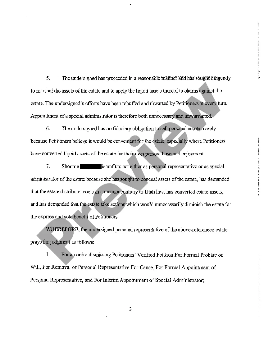 Preview A07 Objection to Verified Petition for Formal Probate of Will, Removal of Personal Representative, Formal Appointment of Personal Representative