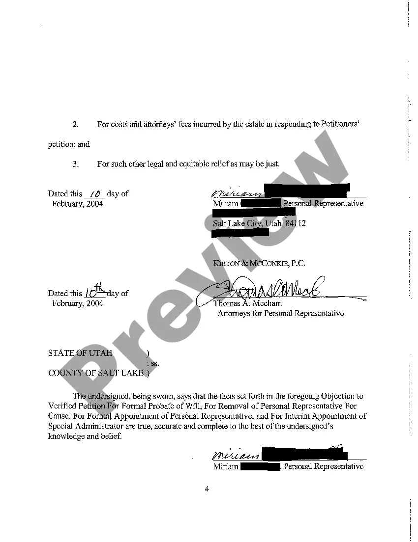 Preview A07 Objection to Verified Petition for Formal Probate of Will, Removal of Personal Representative, Formal Appointment of Personal Representative