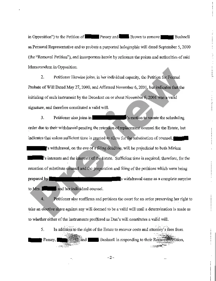 Preview A13 Petition Joining in Opposition to Remove Personal Representative and to Probate Revoked Will