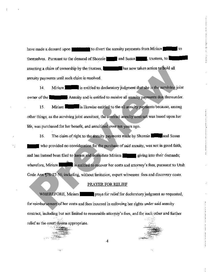 Get A14 Petition for Declaratory Judgment Regarding Rights to Annuity Payments and for Cost and Attorney's Fees Preview A14 Petition for Declaratory Judgment Regarding Rights to Annuity Payments and for Cost and Attorney's Fees