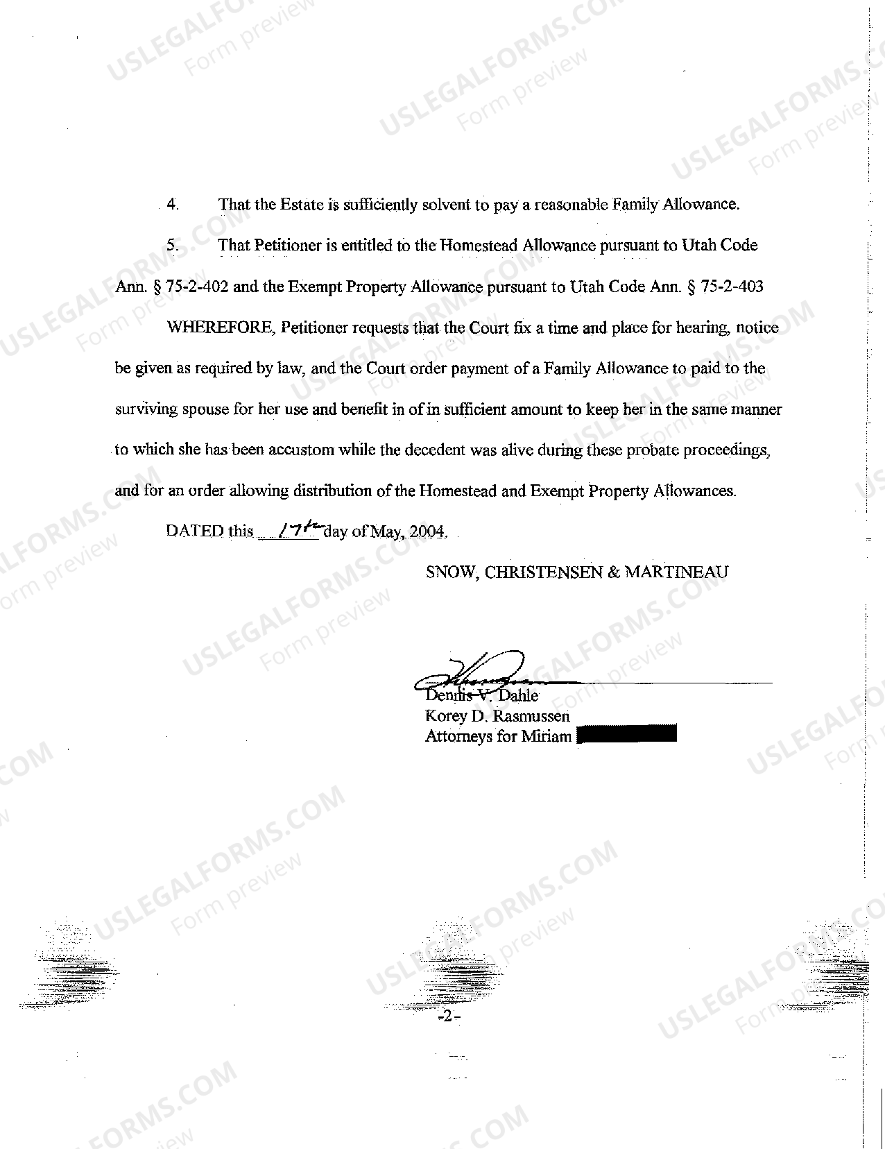 West Jordan Utah Petition for Homestead Exempt Property and Family