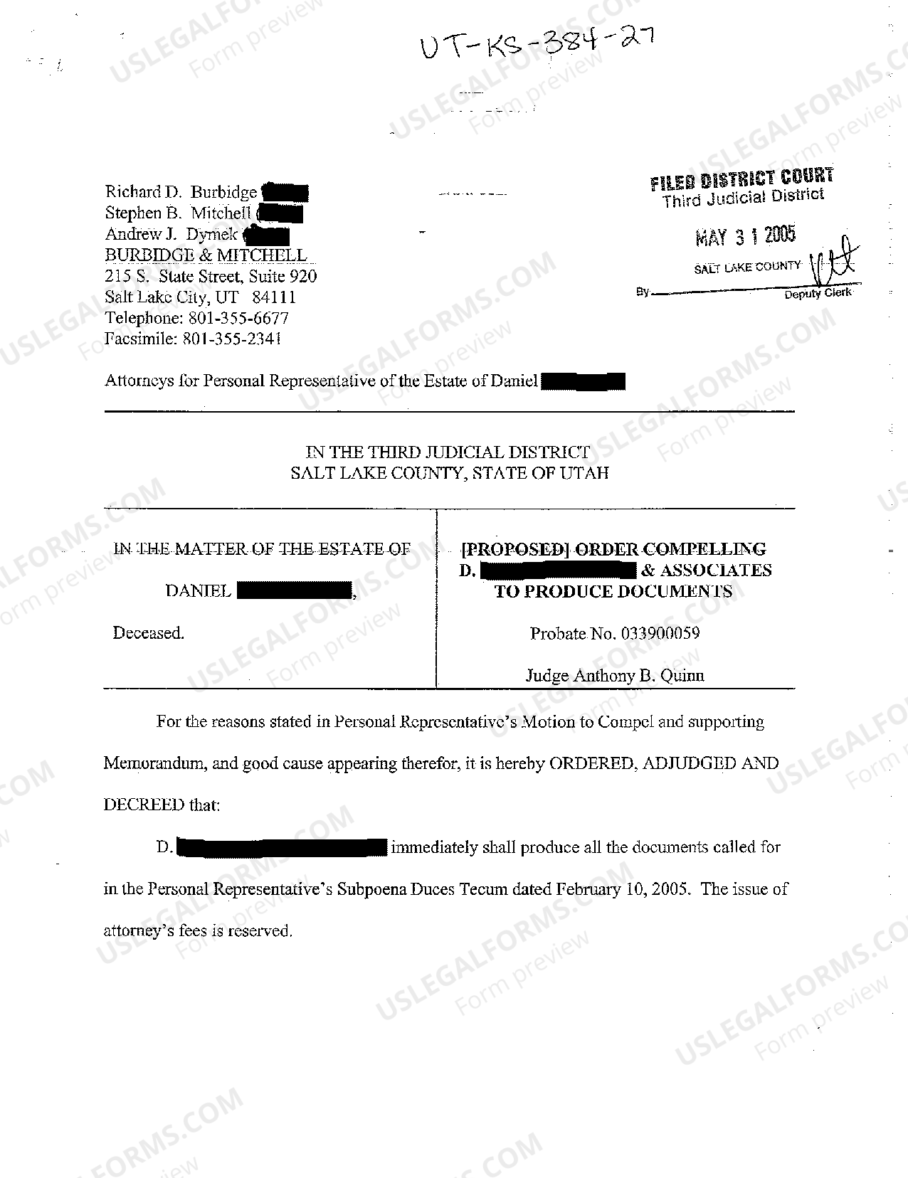 Utah Proposed Order Compelling Attorney's for Deceased to Produce Documents  | US Legal Forms
