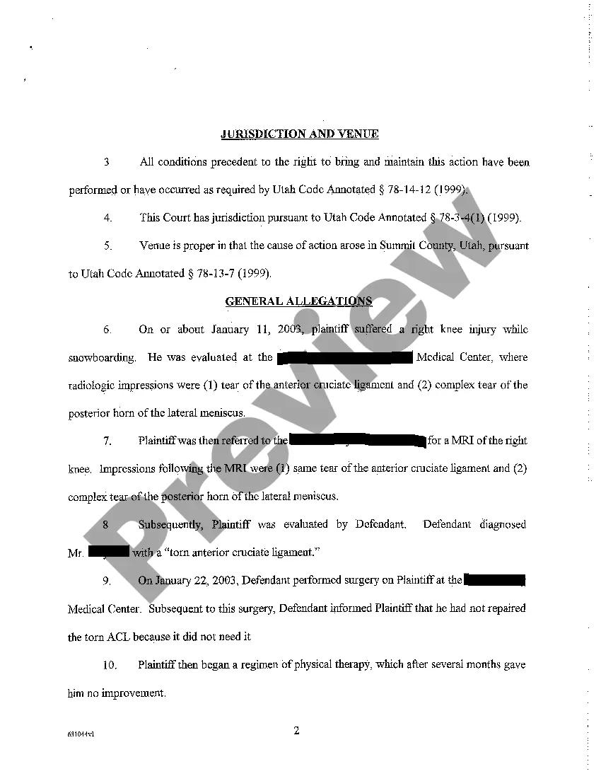 Preview A01 Complaint for Medical Malpractice - Failure to Follow Standard Procedures