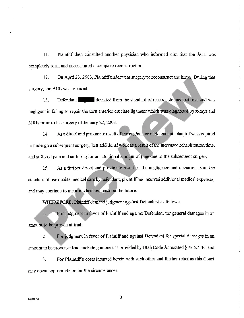 Preview A01 Complaint for Medical Malpractice - Failure to Follow Standard Procedures