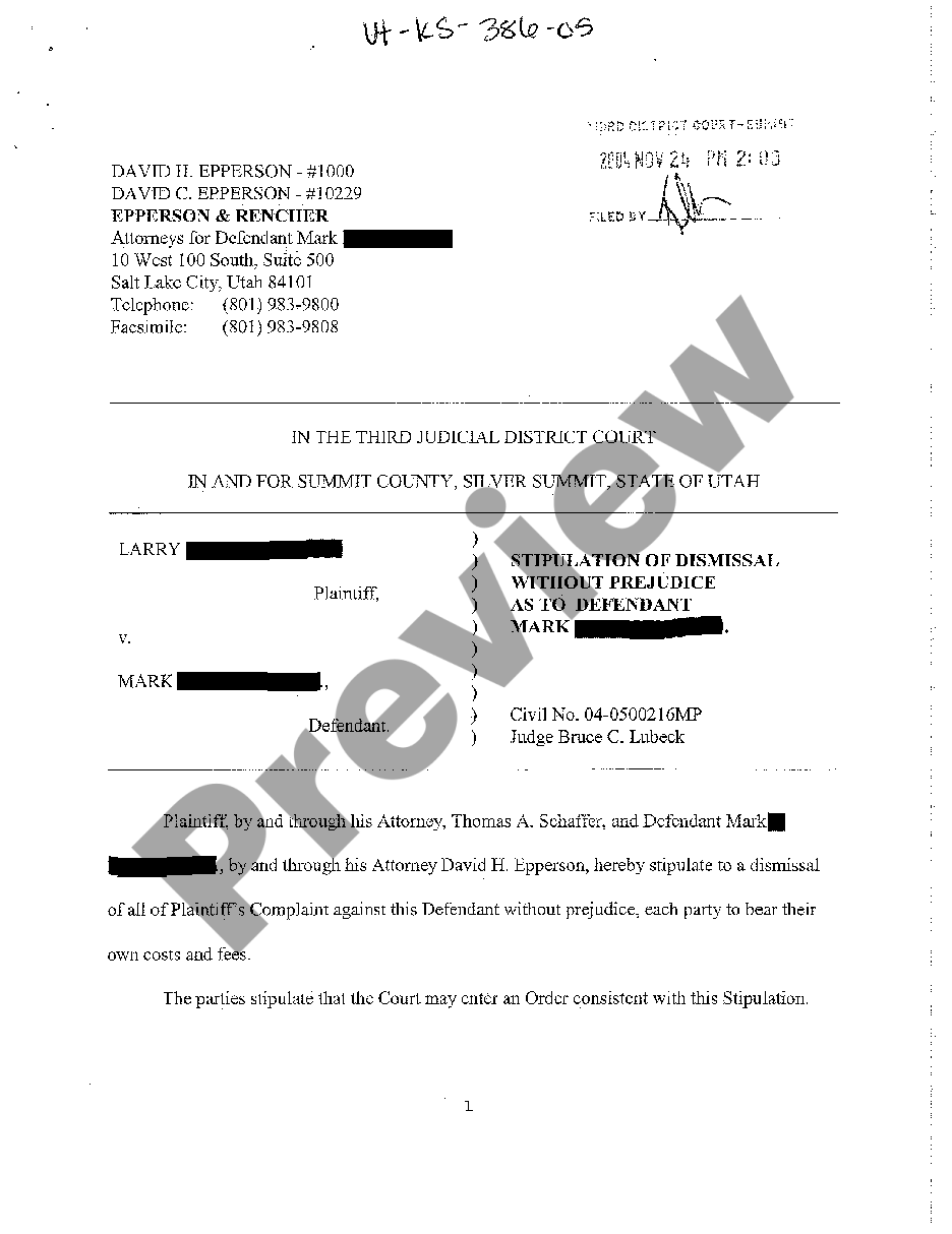 Utah Stipulation of Dismissal Without Prejudice as to Defendant | US ...