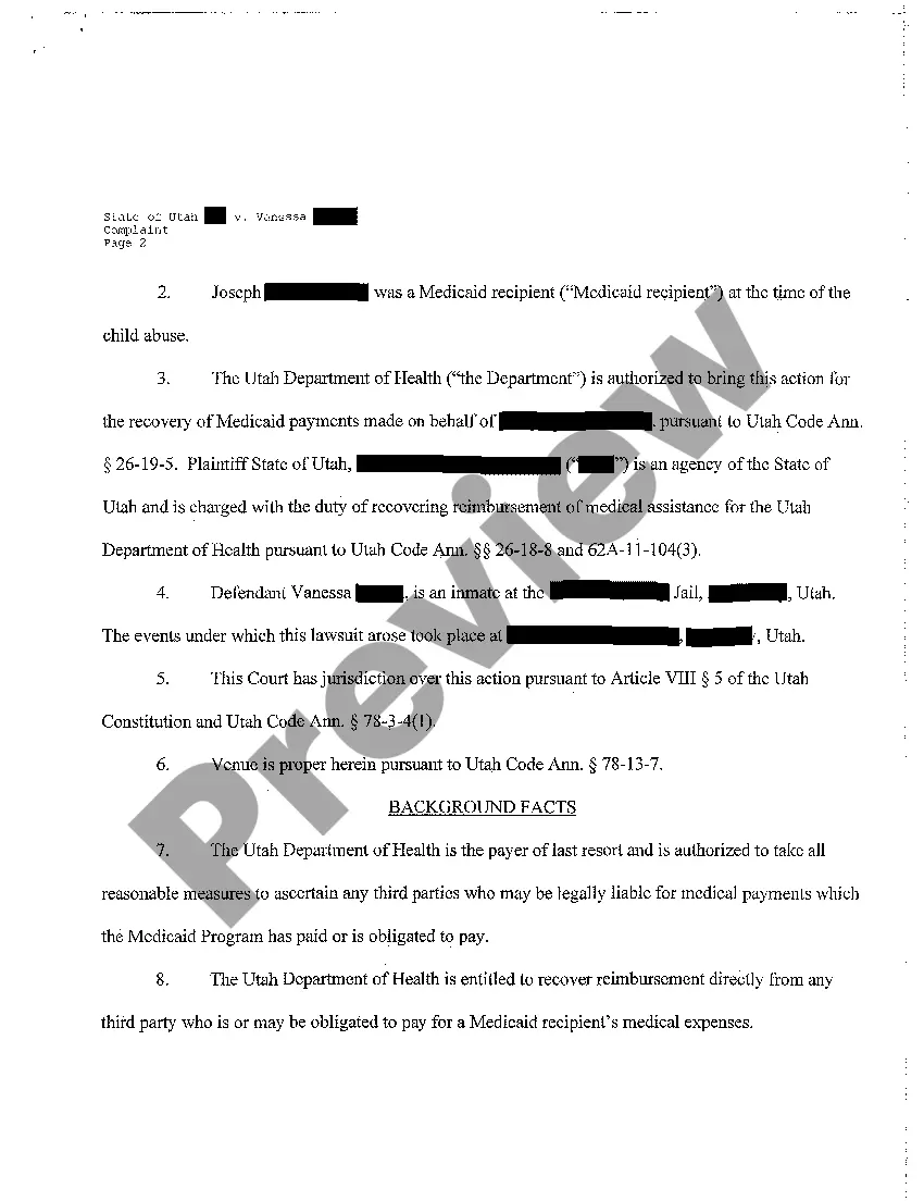 Get A01 Complaint For Reimbursement under the Utah Medical Benefits Recovery Act Preview A01 Complaint For Reimbursement under the Utah Medical Benefits Recovery Act