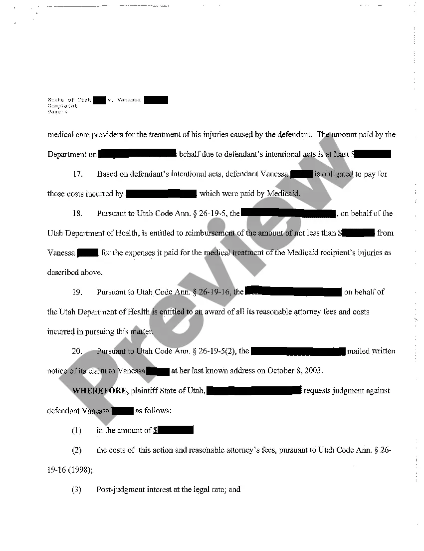 Get A01 Complaint For Reimbursement under the Utah Medical Benefits Recovery Act Preview A01 Complaint For Reimbursement under the Utah Medical Benefits Recovery Act
