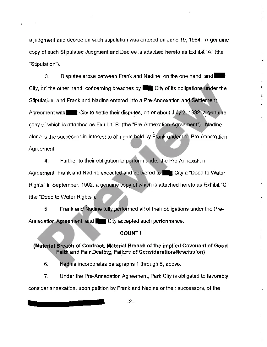Preview A01 Complaint - Failure to Uphold Pre-Annexation Agreement Causing Hardship in the Subsequent Sale of Property