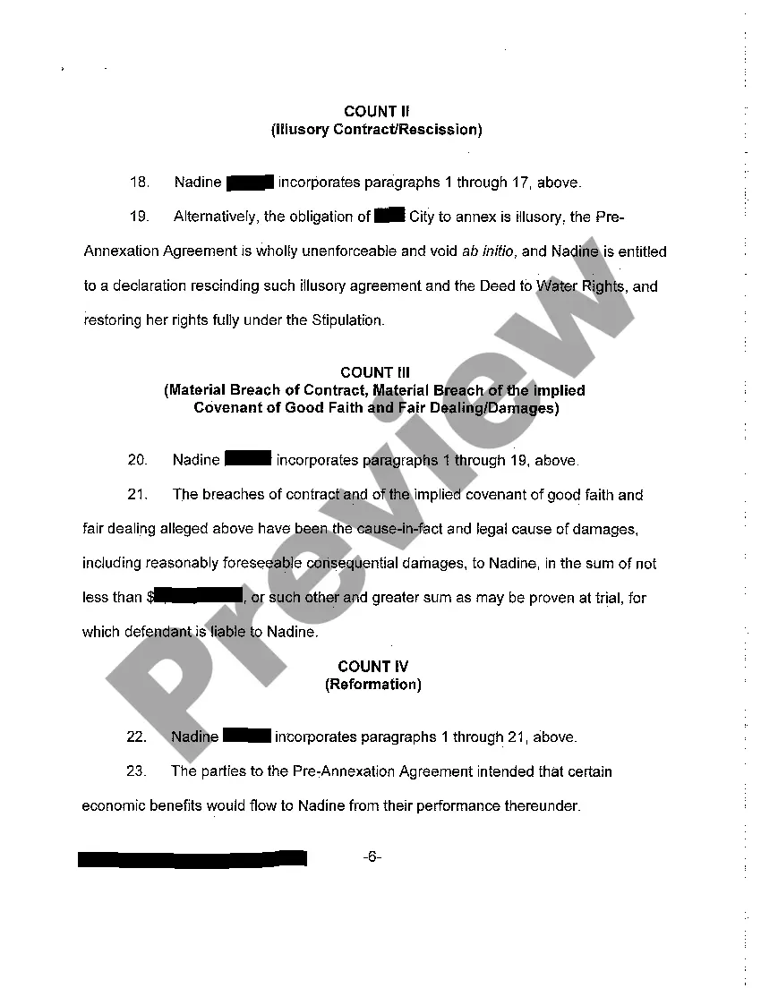 Preview A01 Complaint - Failure to Uphold Pre-Annexation Agreement Causing Hardship in the Subsequent Sale of Property
