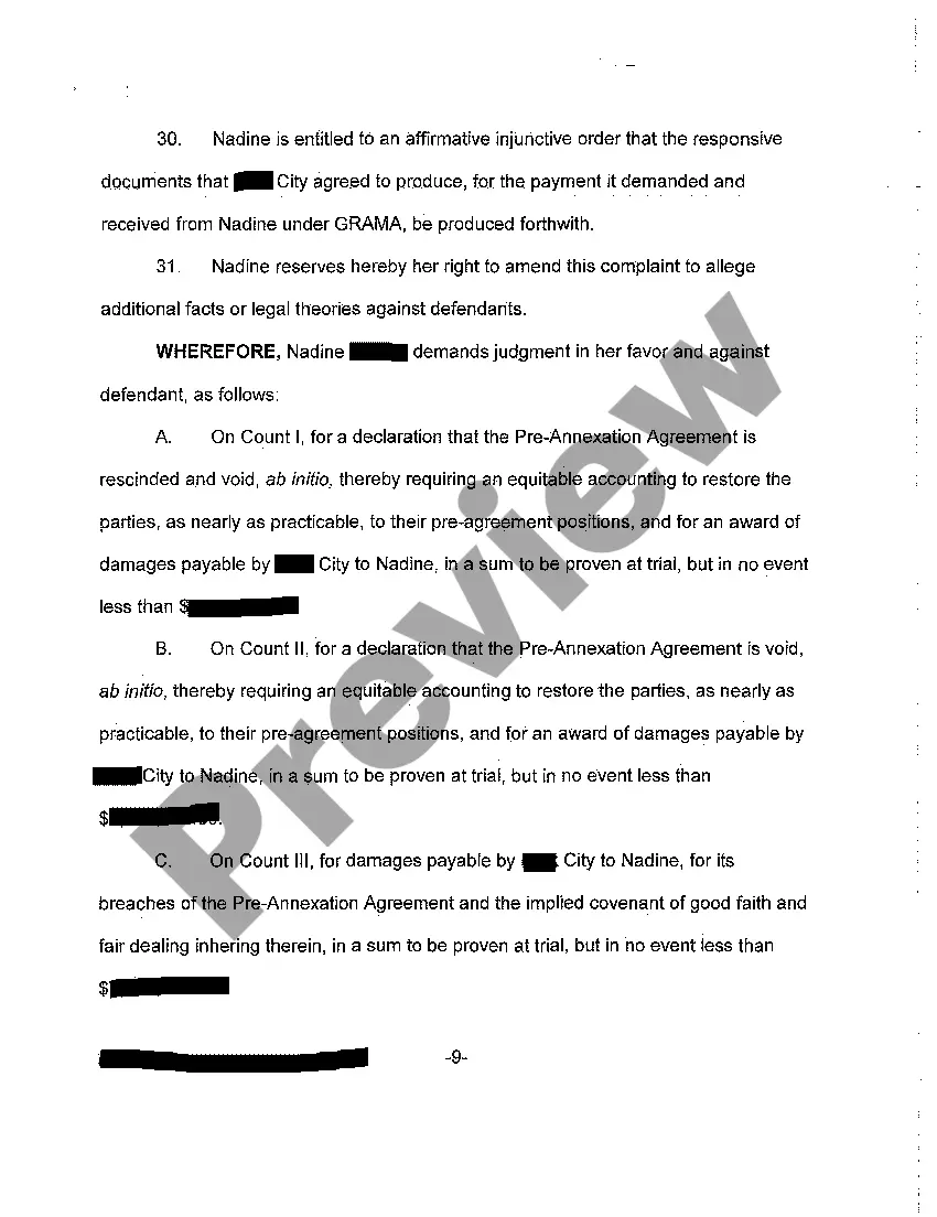 Preview A01 Complaint - Failure to Uphold Pre-Annexation Agreement Causing Hardship in the Subsequent Sale of Property