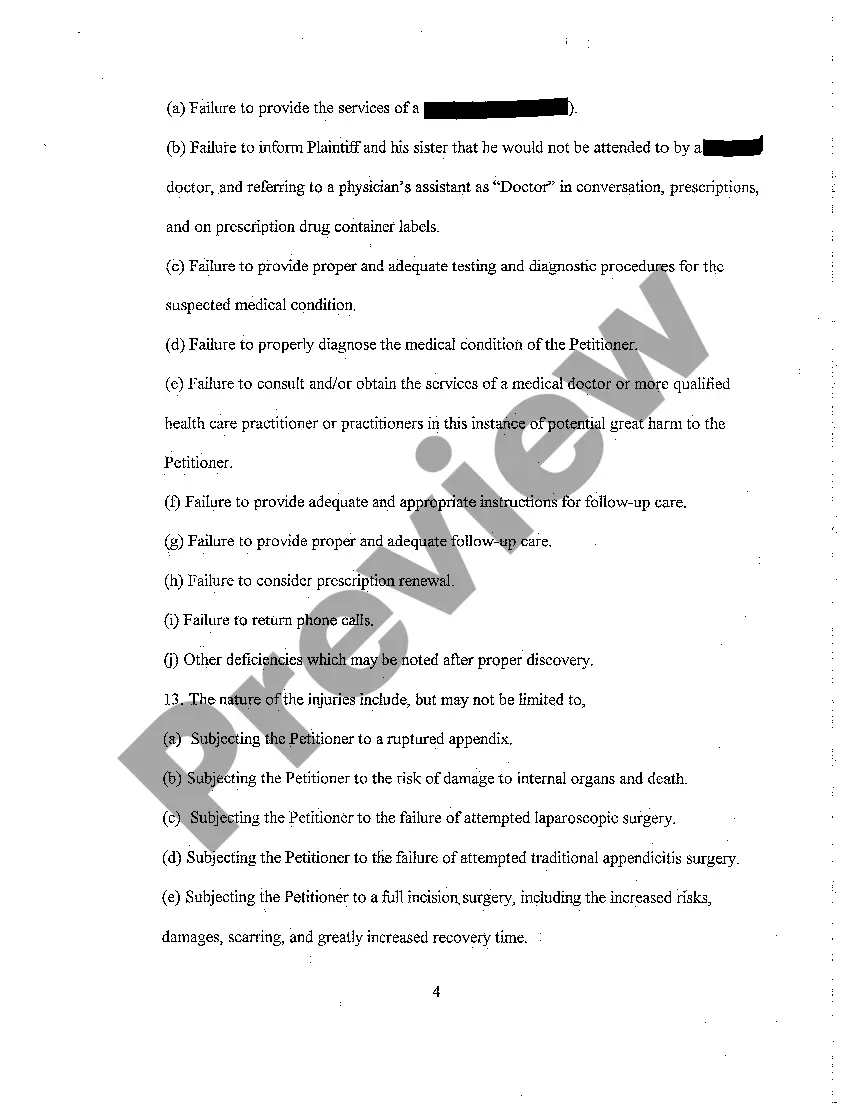 Preview A01 Complaint - Medical Malpractice - Failure to Follow Proper Standard of Care