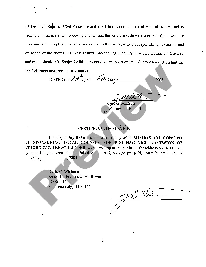 Preview A05 Motion and Consent of Sponsoring Local Counsel for Pro Hac Vice Admission of Plaintiff's Attorney