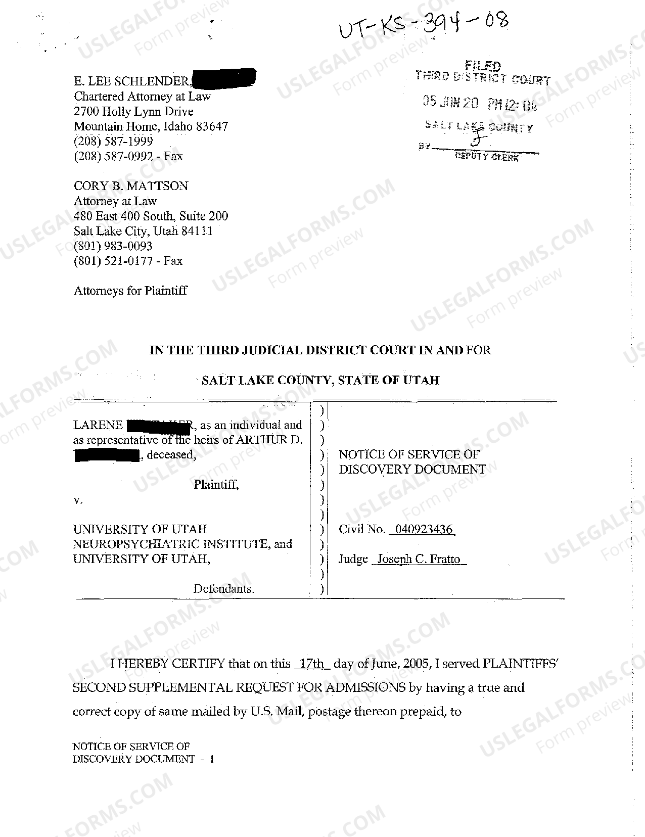 West Valley City Utah Notice of Service of Discovery Document US Legal Forms