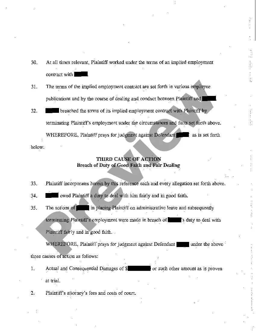 Get A01 Complaint and Jury Demand - Breach of Employment Contract - Breach of Implied Contract - Breach of Duty of Good Faith and Fair Dealing Preview A01 Complaint and Jury Demand - Breach of Employment Contract - Breach of Implied Contract - Breach of Duty of Good Faith and Fair Dealing