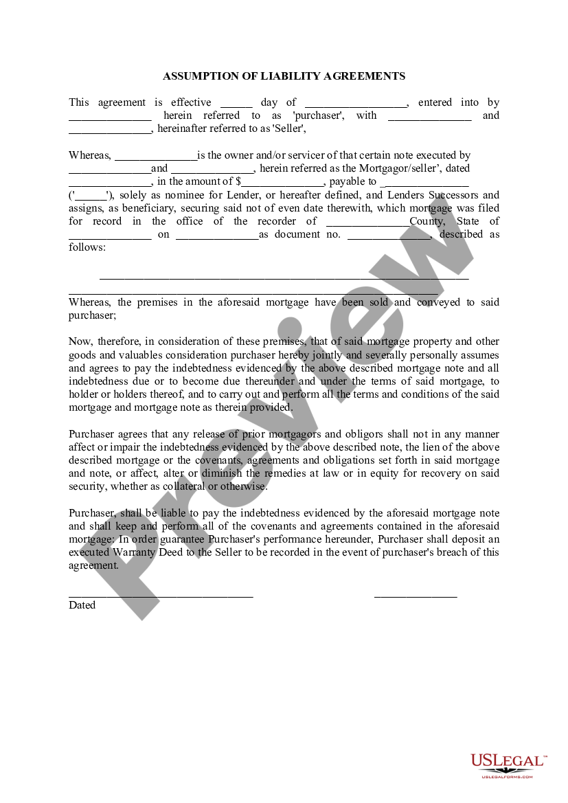 Salt Lake Utah Assumption of Liability Agreements | US Legal Forms