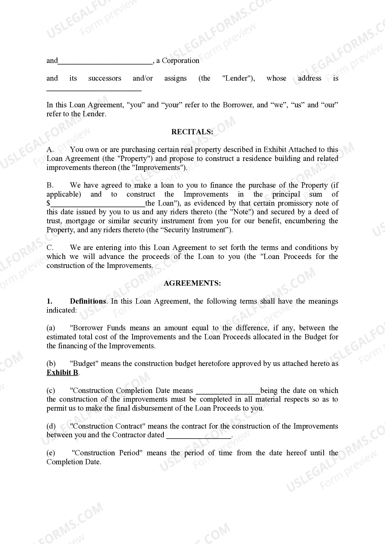 Preview Residential Construction Loan Agreement