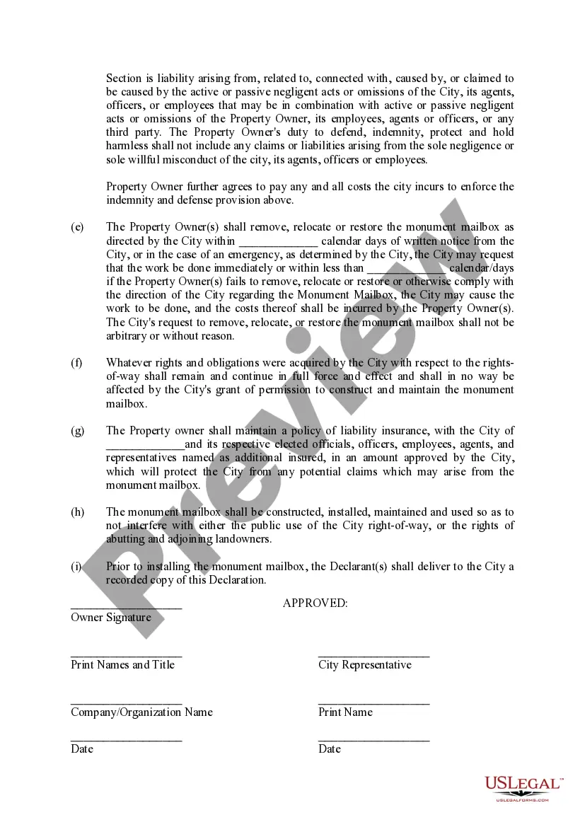 Preview Monument Mailbox within Right of Way Agreement